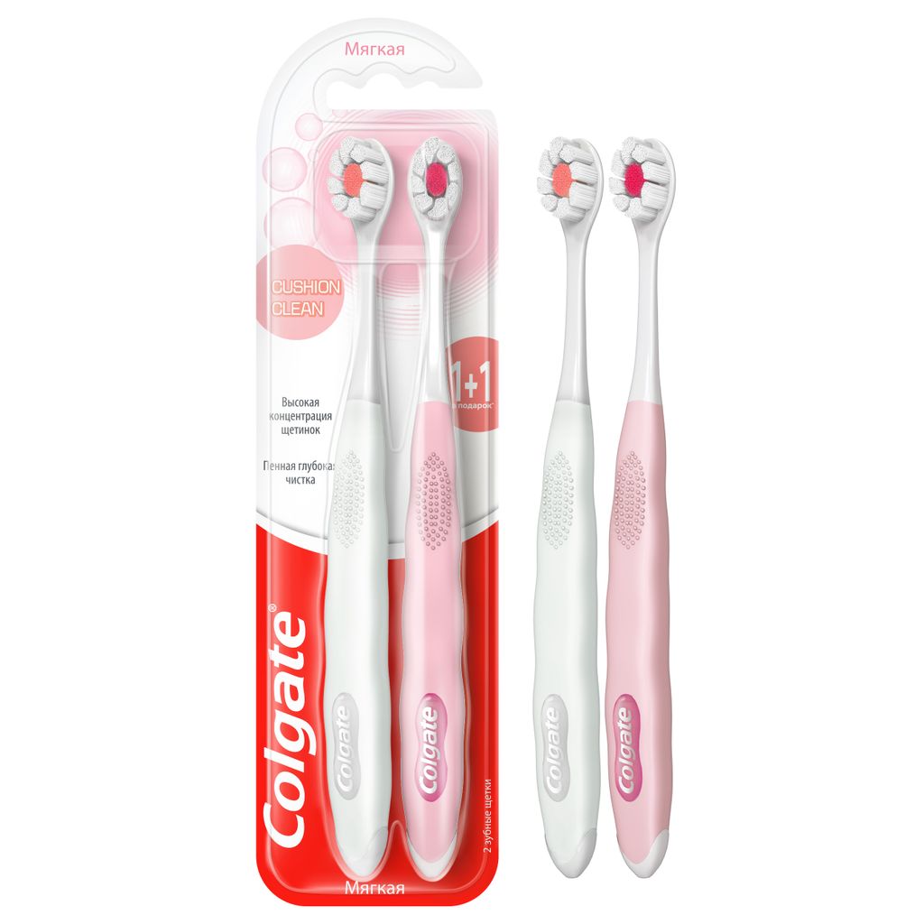 фото упаковки Colgate Cushion Clean Зубная щетка, щетка зубная, мягкая, 2 шт. фото упаковки Colgate Cushion Clean Зубная щетка