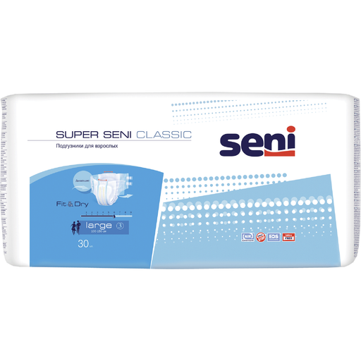 Seni Super Classic Подгузники для взрослых, Large L (3), 100-150 см, 30 шт.