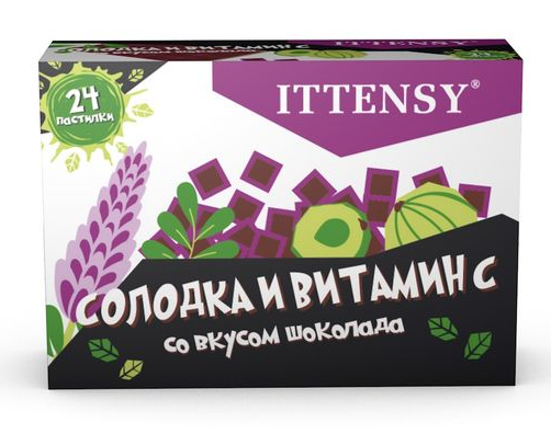 Ittensy пастилки для рассасывания Солодка и Витамин С, пастилки для рассасывания, со вкусом шоколада, 2.5 г, 24 шт.